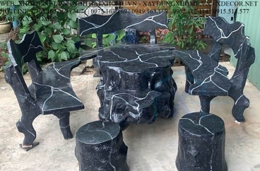 Bàn Ghế Sơn Giả Đá Đen Vân Trắng